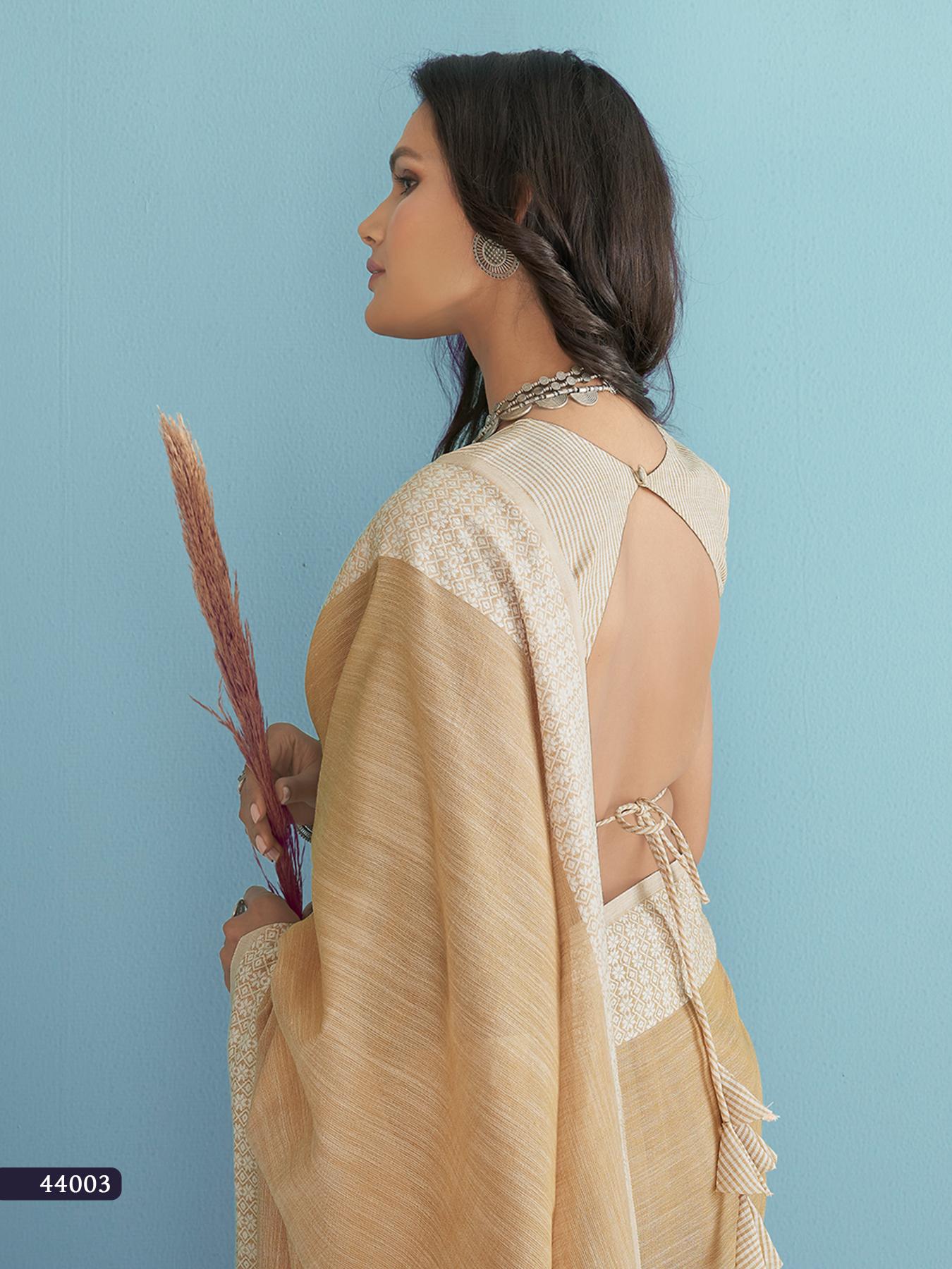 Musturd Soft Linen Silk With Chikankari Weaved Border Saree R1