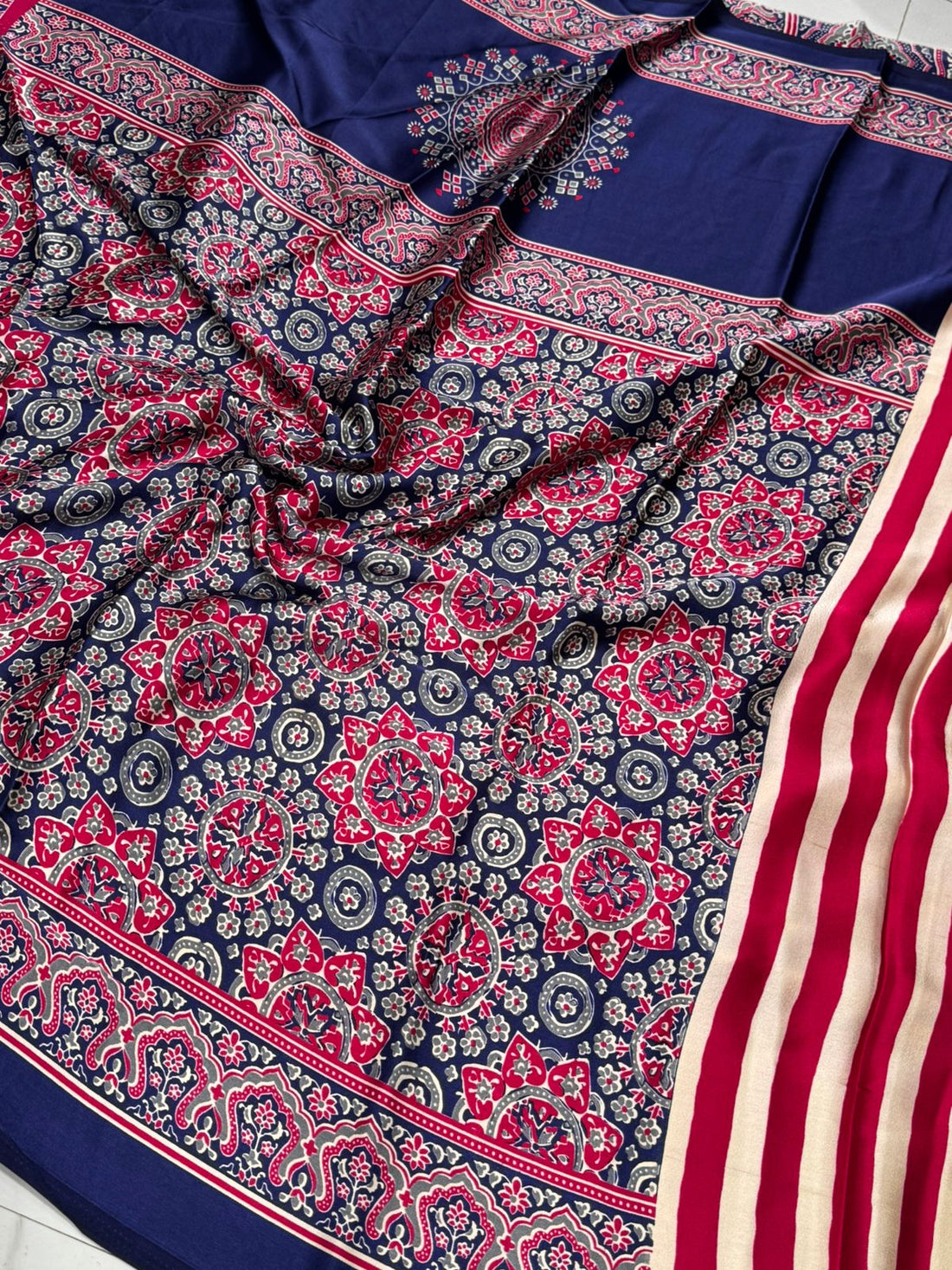Rose Pink Striped Ajrakh Hand-Printed Modal Silk Saree