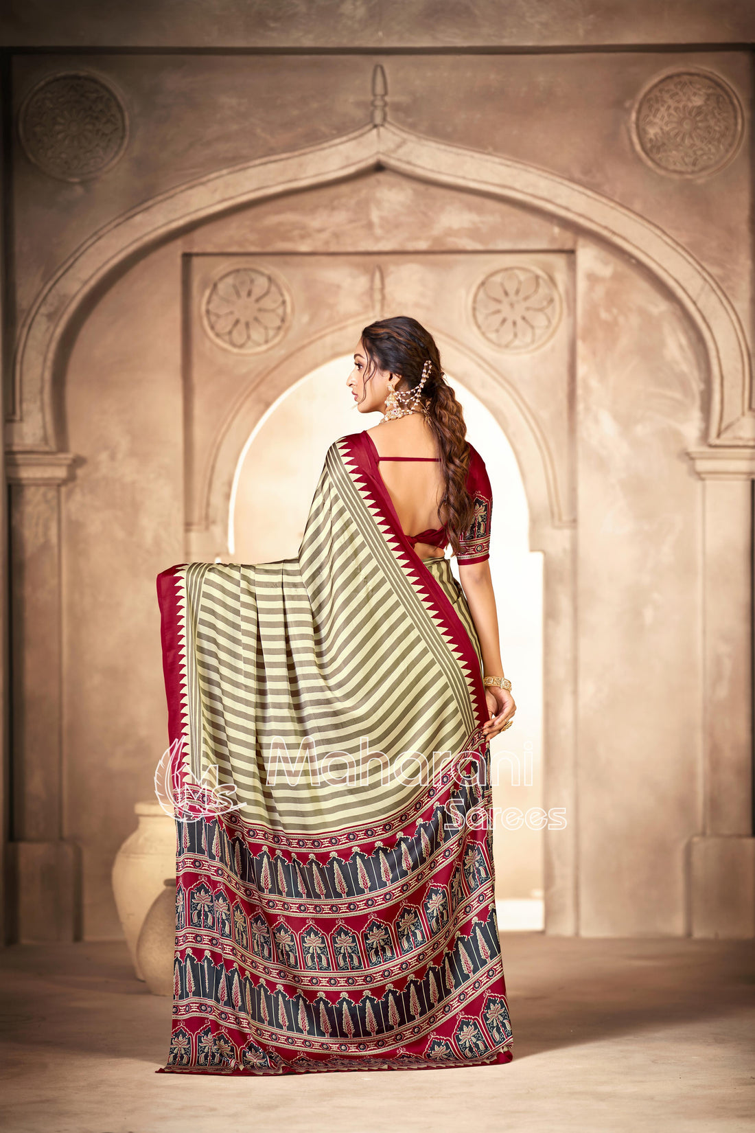 Cream With Maroon Border Ajrakh Hand-Printed Modal Silk Saree