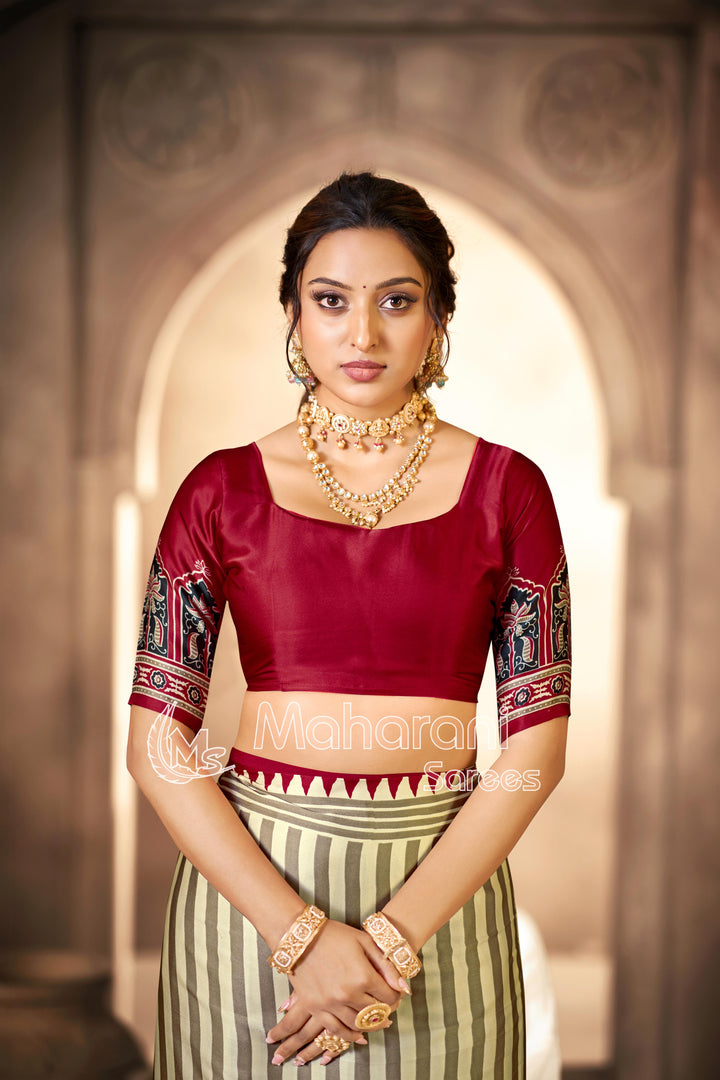 Cream With Maroon Border Ajrakh Hand-Printed Modal Silk Saree