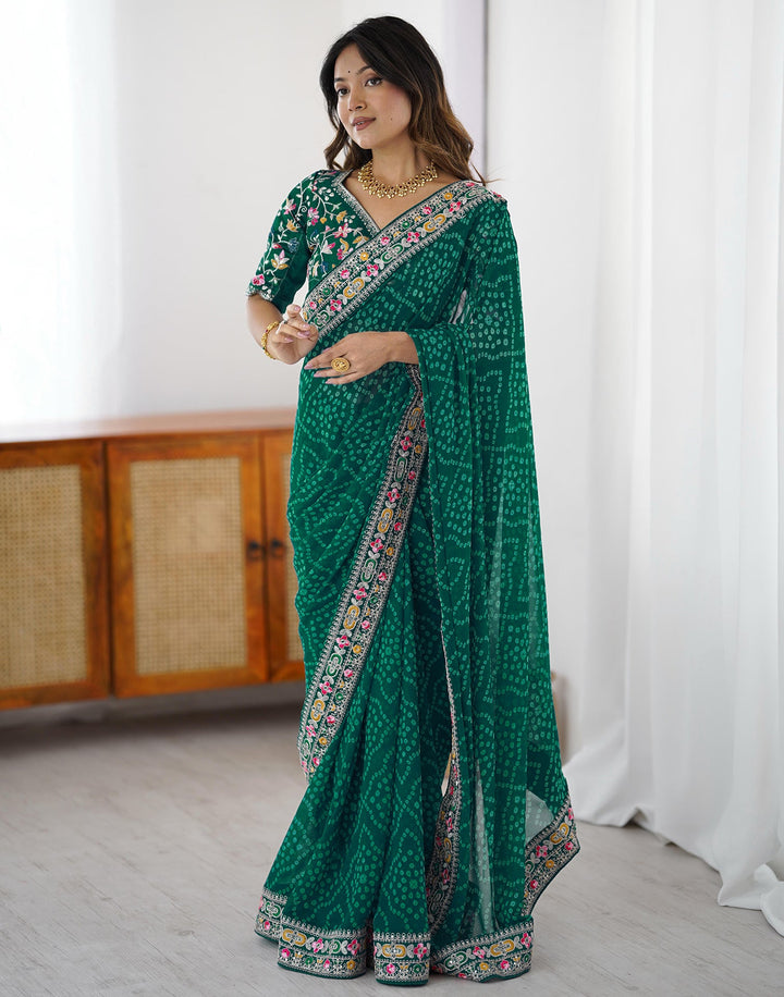 Green Georgette Printed Bandhani Saree