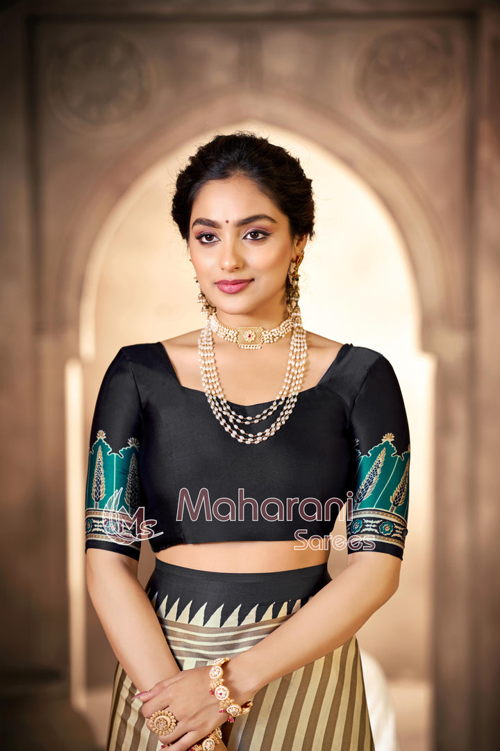 Cream With Black Border Ajrakh Hand-Printed Modal Silk Saree