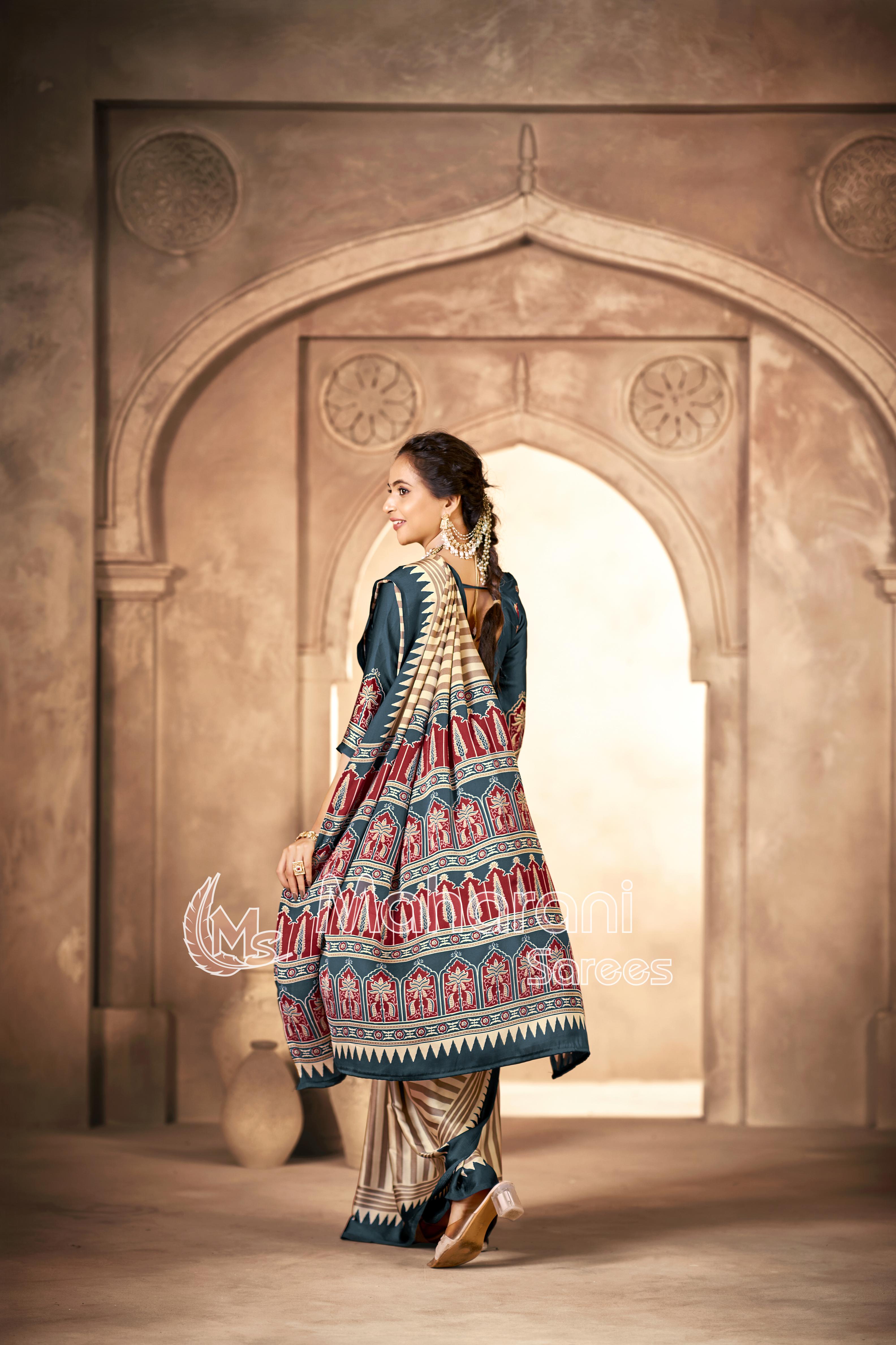 Cream With Grey Border Ajrakh Hand-Printed Modal Silk Saree
