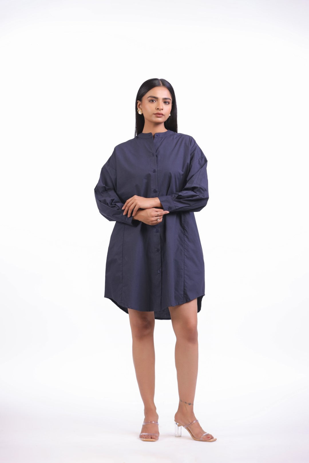 Women Navy Solid Cotton Full Sleeve Mandarin Collar Midi Dress with Pocket