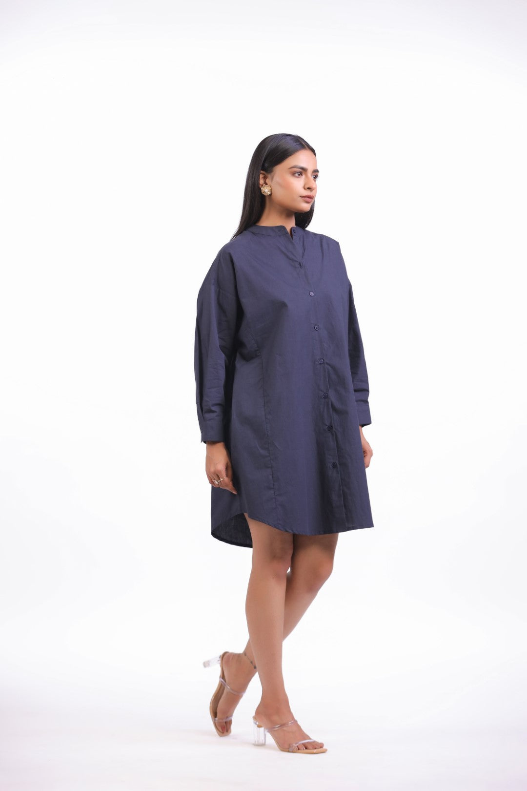 Women Navy Solid Cotton Full Sleeve Mandarin Collar Midi Dress with Pocket