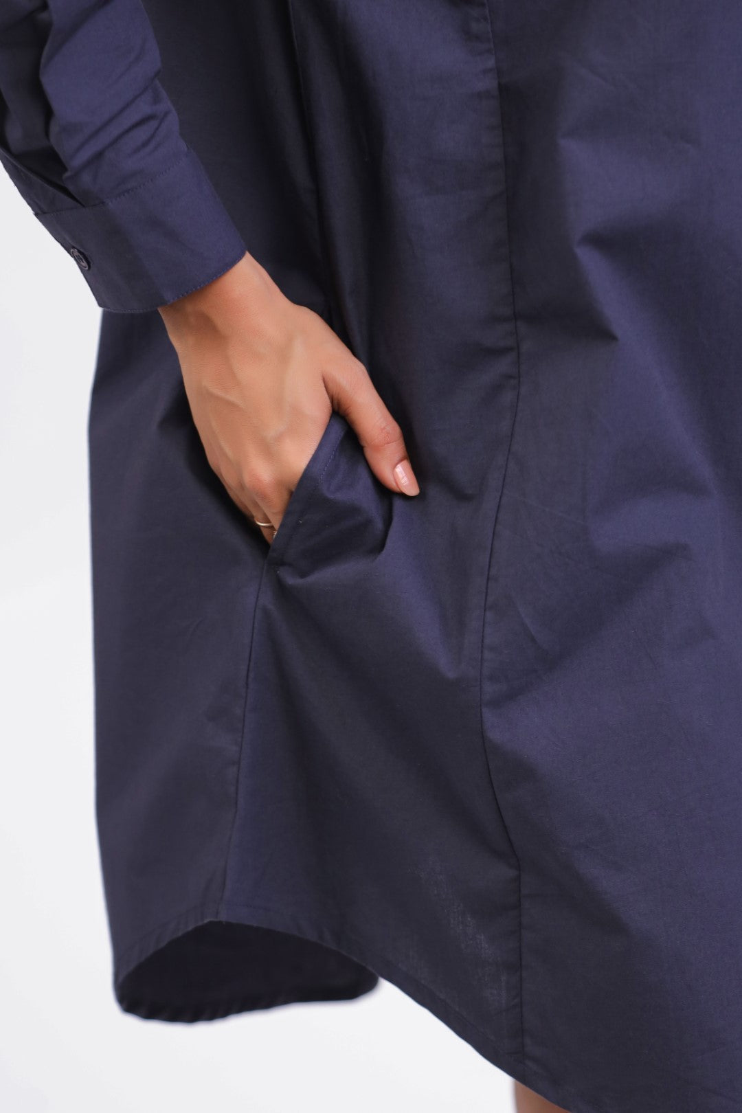 Women Navy Solid Cotton Full Sleeve Mandarin Collar Midi Dress with Pocket
