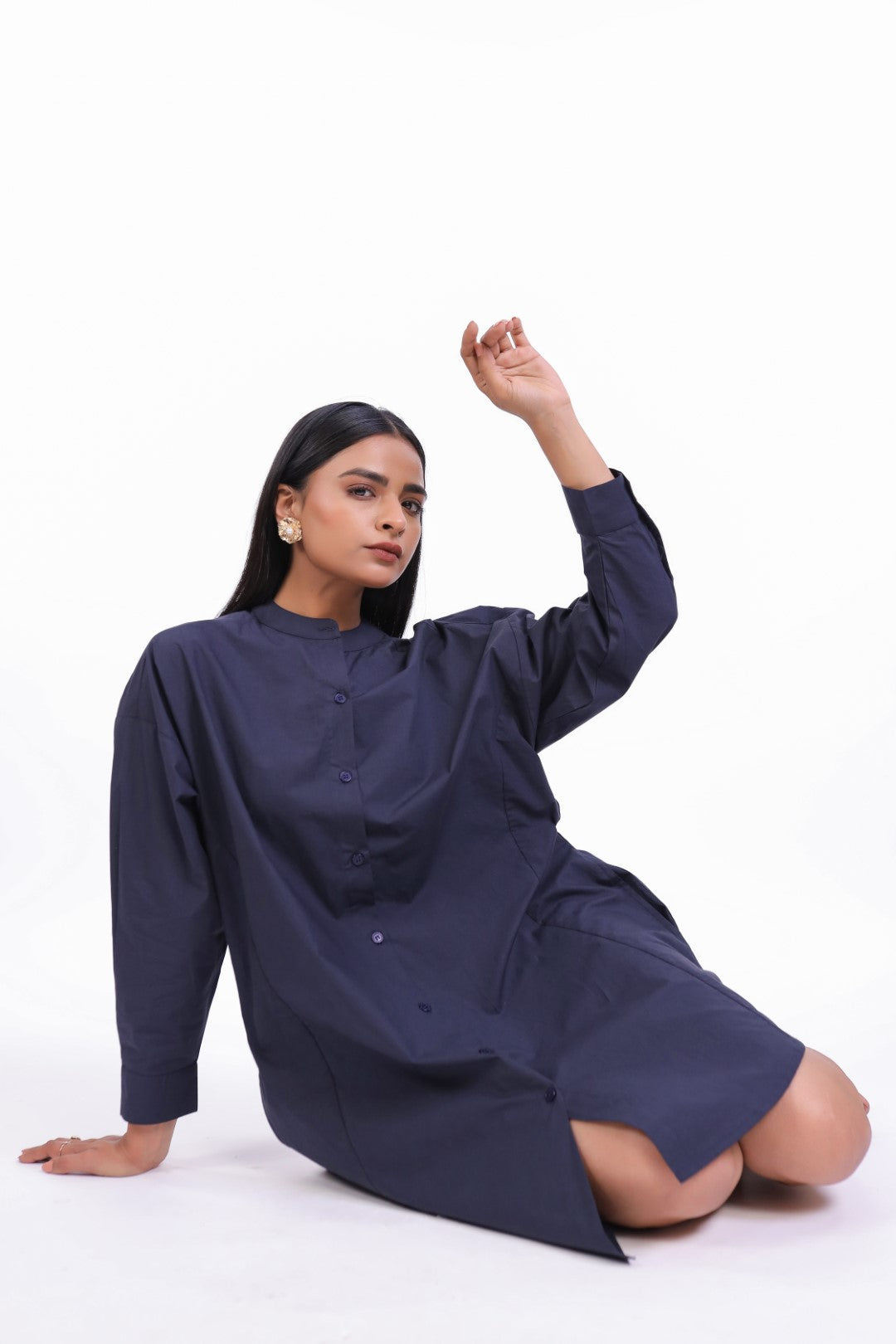 Women Navy Solid Cotton Full Sleeve Mandarin Collar Midi Dress with Pocket