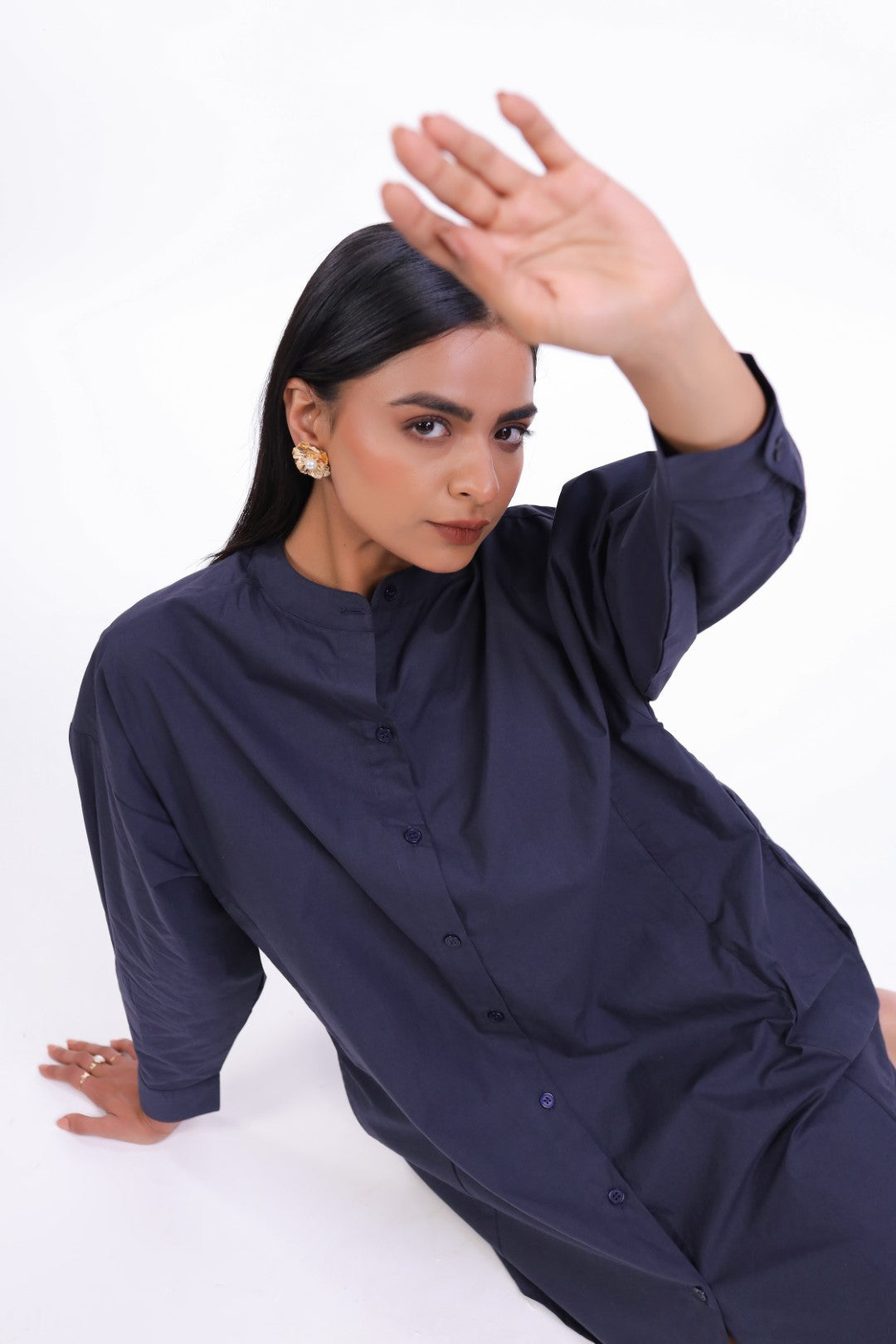 Women Navy Solid Cotton Full Sleeve Mandarin Collar Midi Dress with Pocket