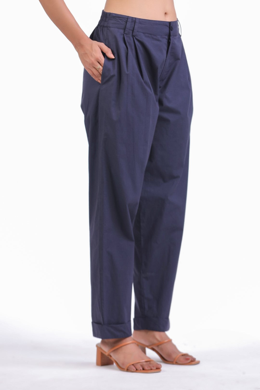 Women's Navy Solid Cotton Pant