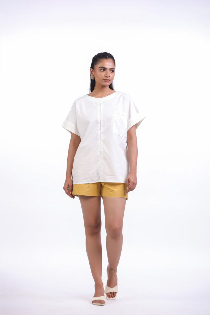 Women White Cotton Top With Yellow Shorts (Co-ord)