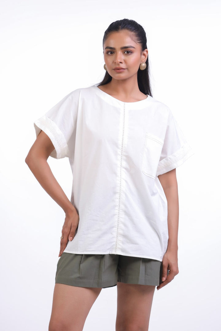 Women White Cotton Top With Green Shorts (co-ord)