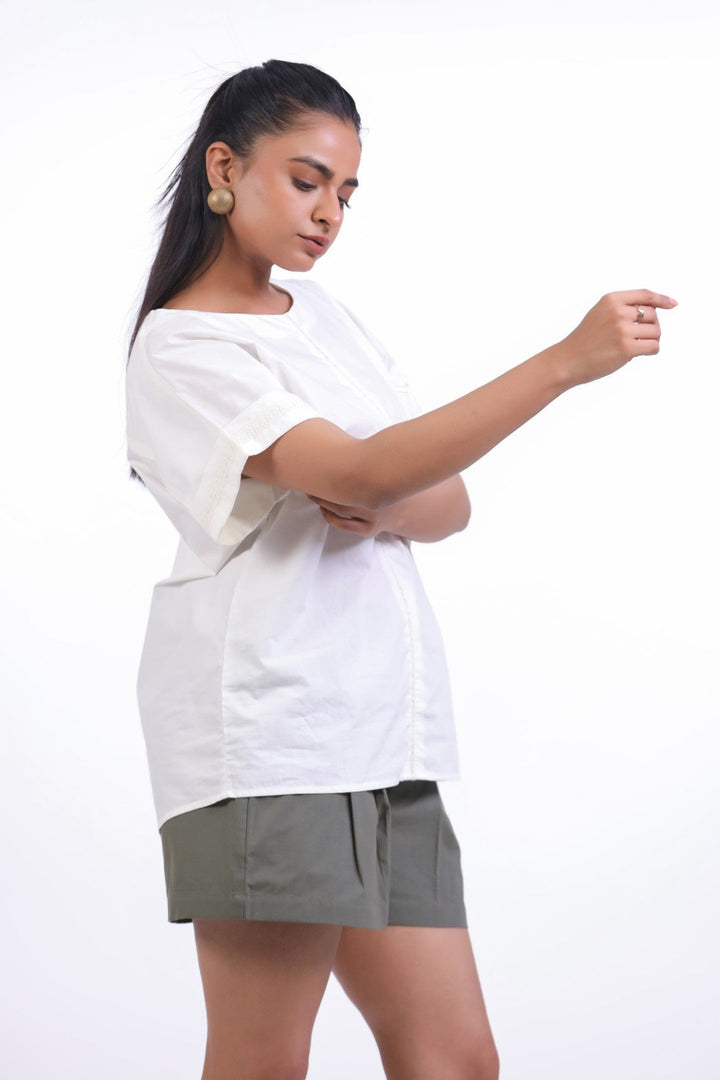 Women White Cotton Top With Green Shorts (co-ord)