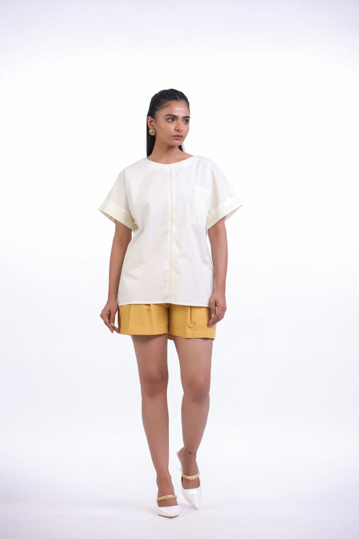 Women's Off-White Cotton Top With Yellow Shorts (CO-ORD)