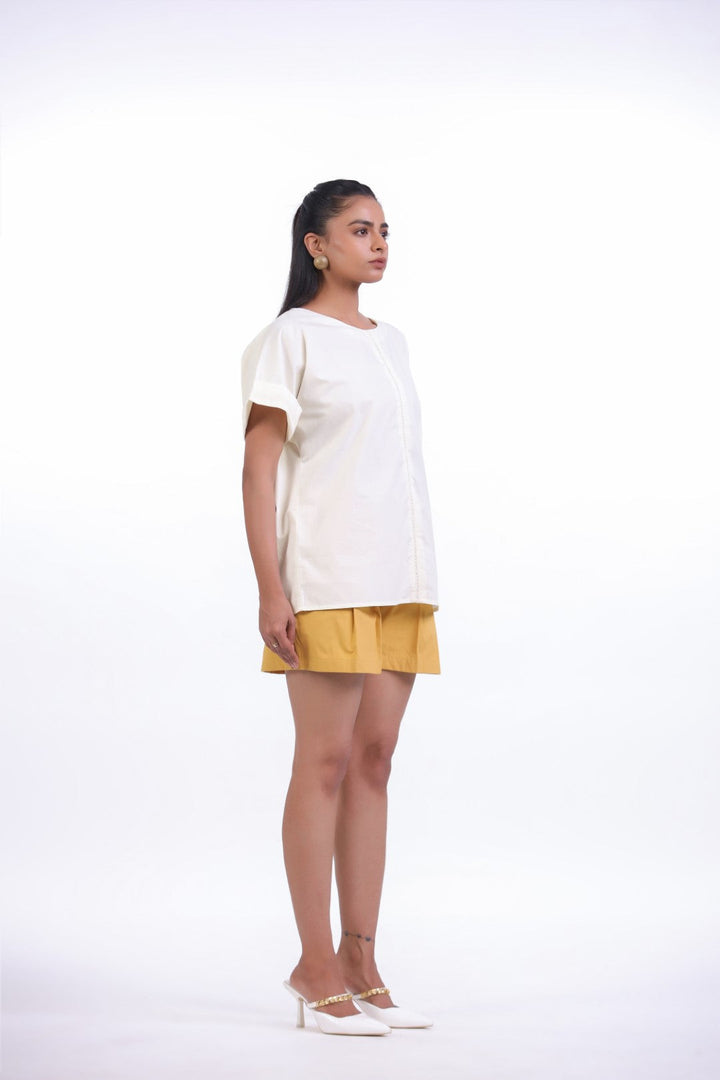 Women's Off-White Cotton Top With Yellow Shorts (CO-ORD)