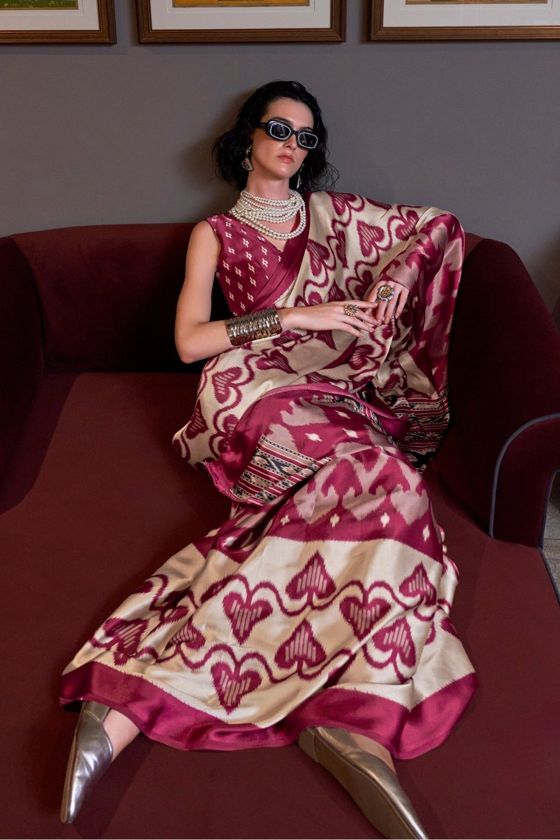 Royal Maroon Ajrakh Patola Printed Satin Crepe Saree