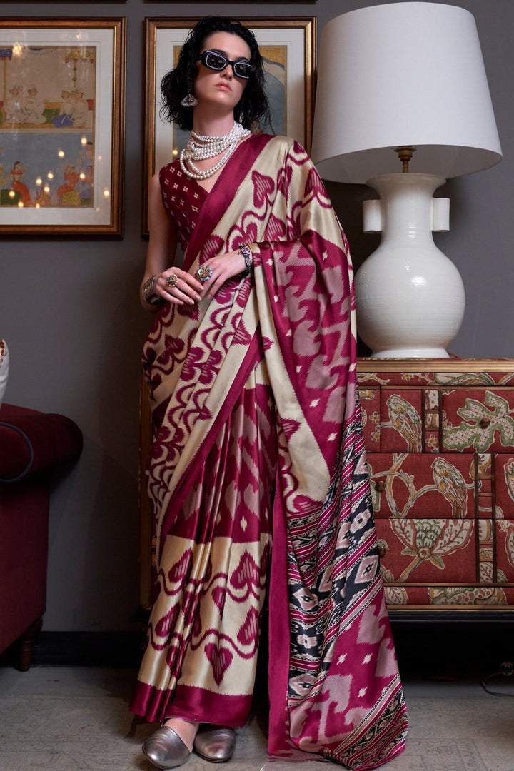 Royal Maroon Ajrakh Patola Printed Satin Crepe Saree