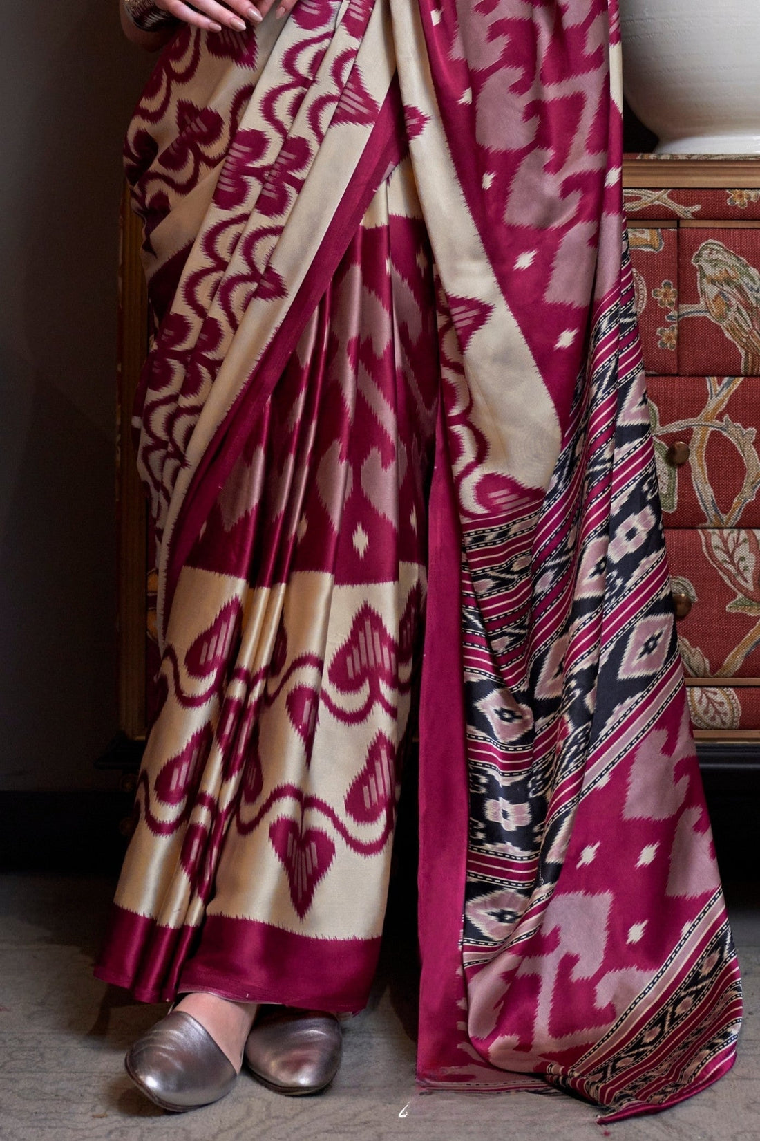 Royal Maroon Ajrakh Patola Printed Satin Crepe Saree