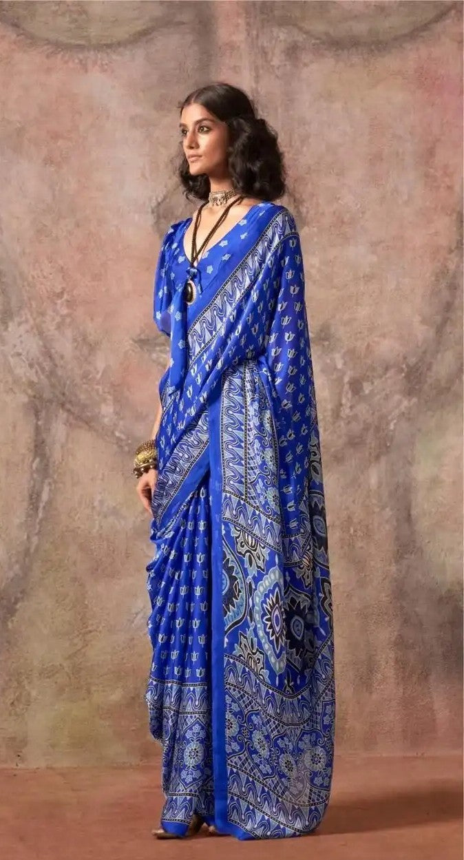 Spruce Blue Ajrakh Printed Satin Georgette Saree