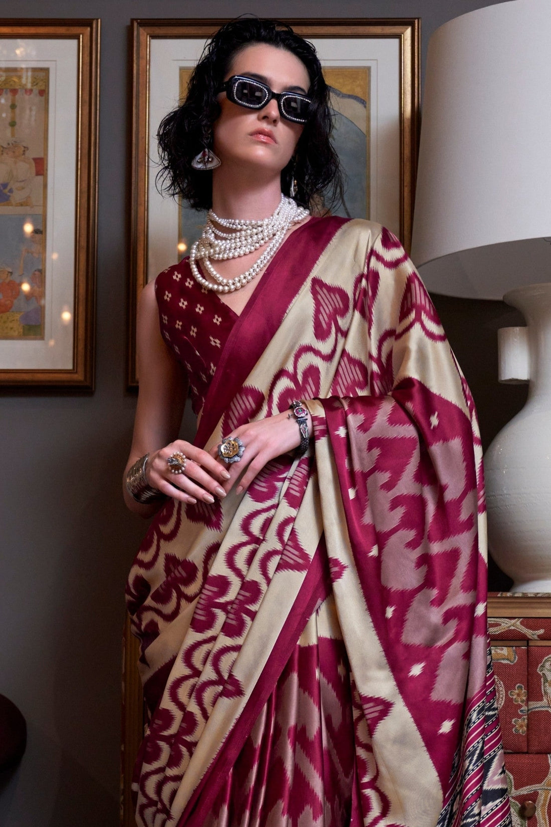Royal Maroon Ajrakh Patola Printed Satin Crepe Saree