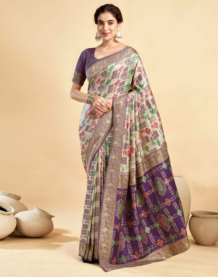 Cream Silk Woven Saree