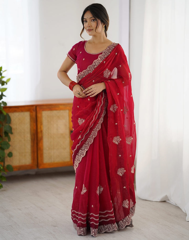 Mouni Roy Crimson Rose Zari Embroidery Saree