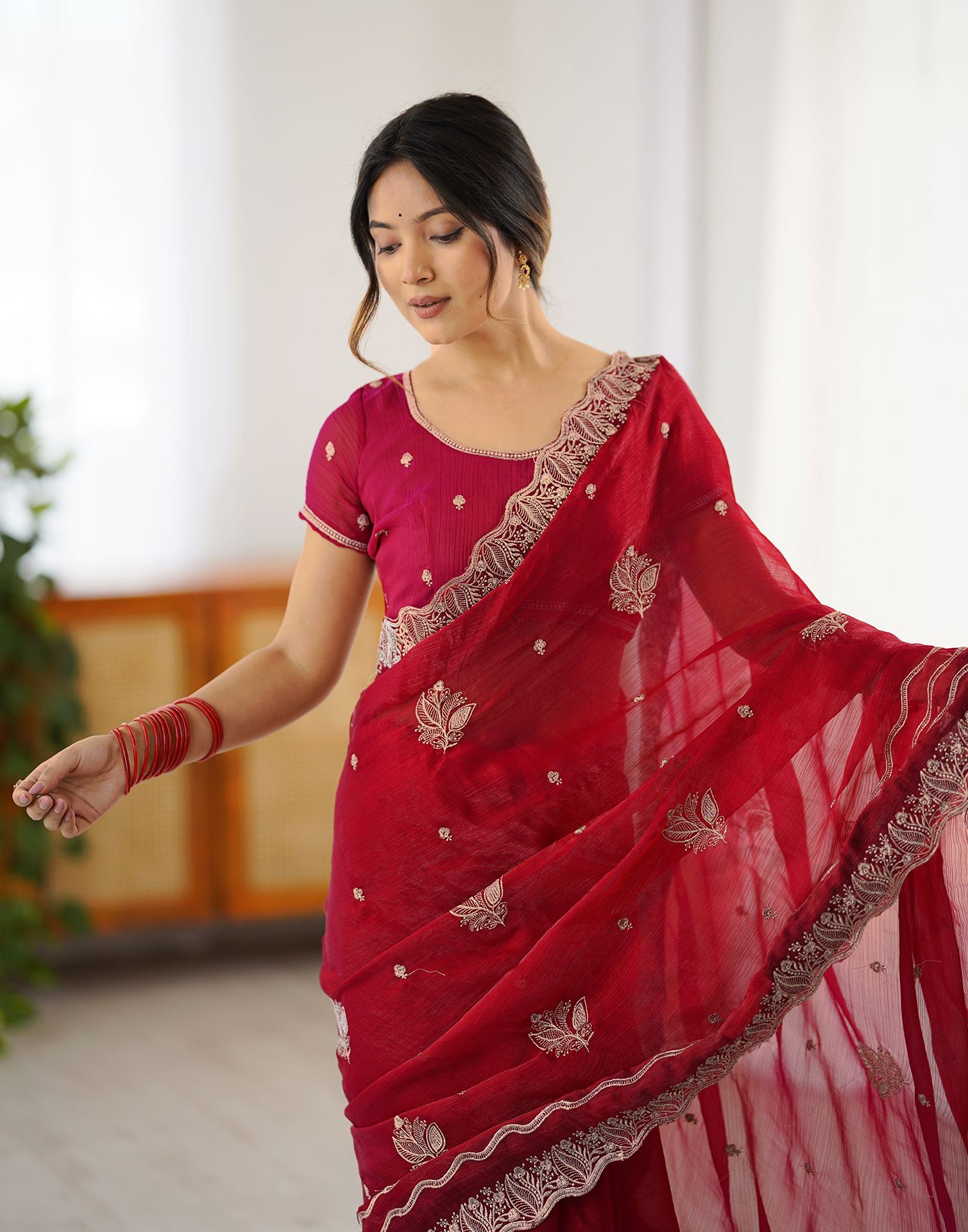 Mouni Roy Crimson Rose Zari Embroidery Saree