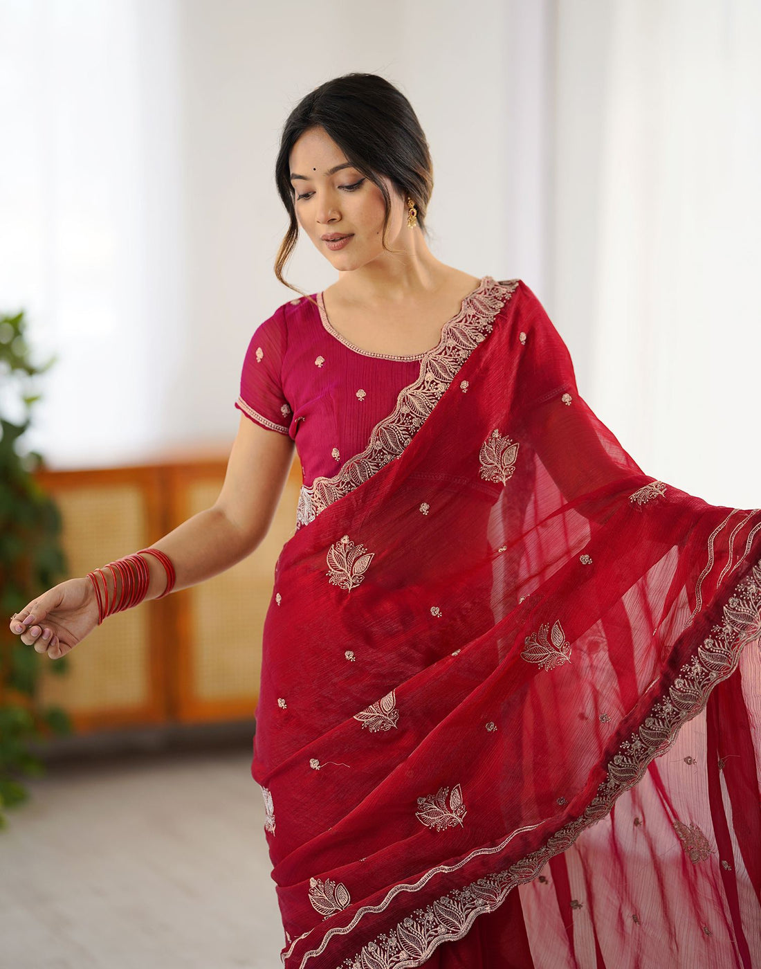 Mouni Roy Crimson Rose Zari Embroidery Saree