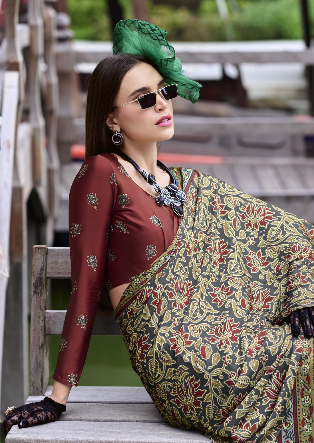 Office Wear Ajrakh Printed Satin Crepe Saree
