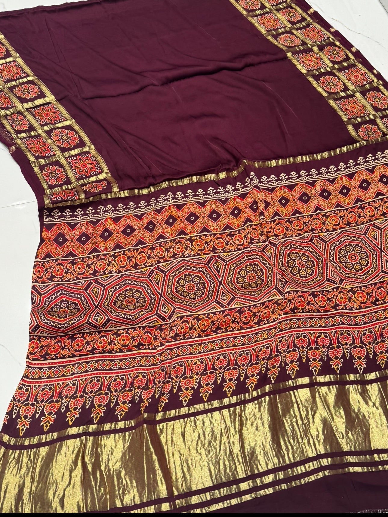 Dark Wine Ajrakh Gharchola Border Hand Block Pure Modal Silk Saree With Fancy Ajrakh And Zari Pallu
