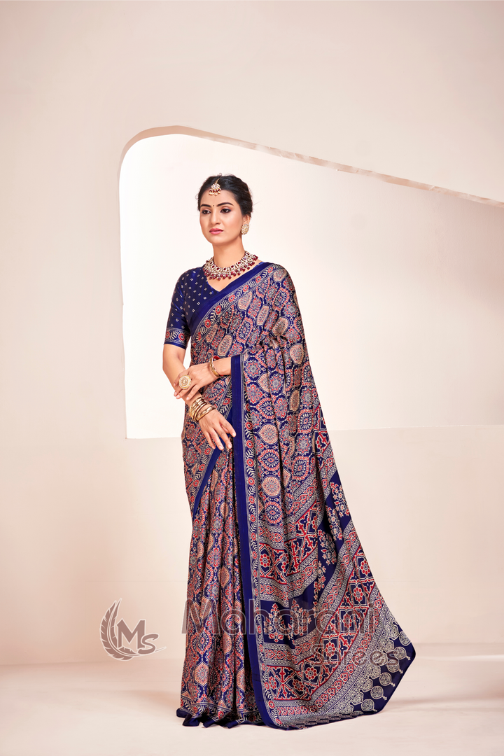 Blue Ajrakh Printed Soft Modal Silk Natural Print Saree P2-1
