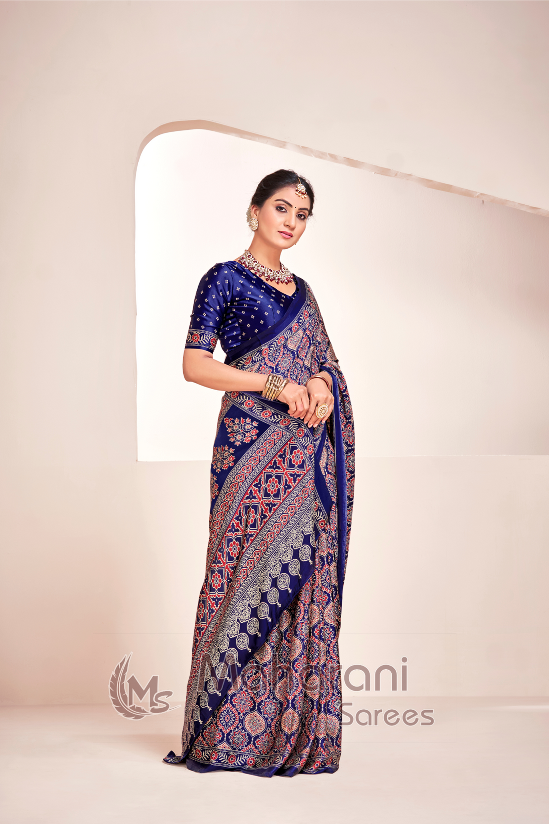 Blue Ajrakh Printed Soft Modal Silk Natural Print Saree P2-1