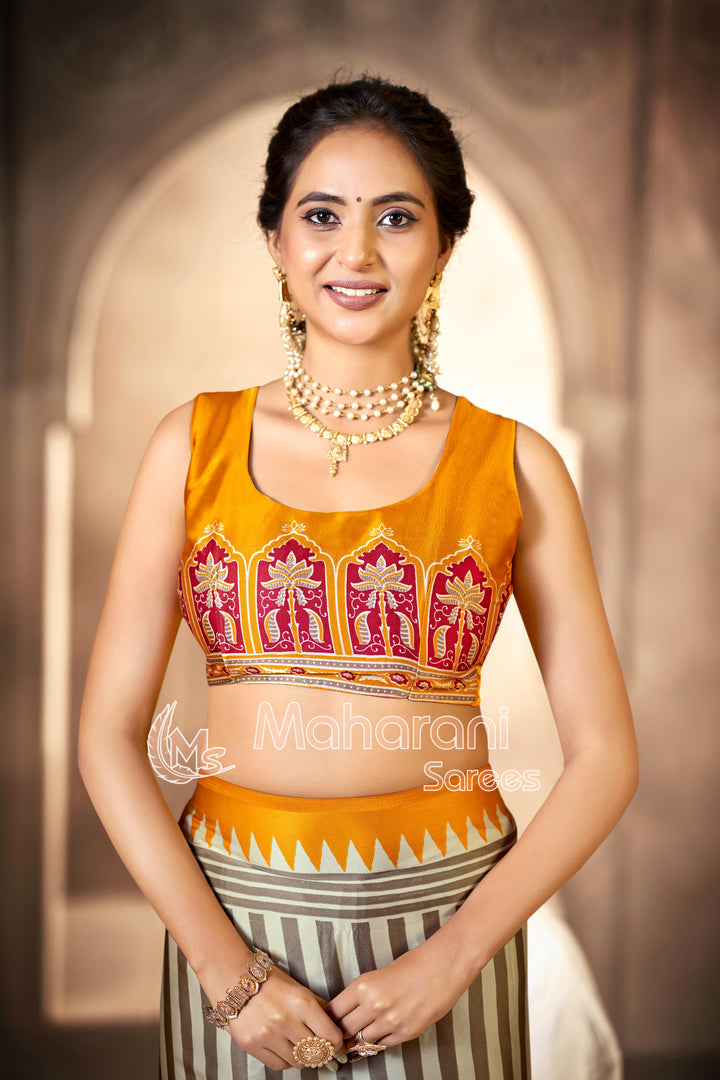Cream With Yellow Border Ajrakh Hand-Printed Modal Silk Saree