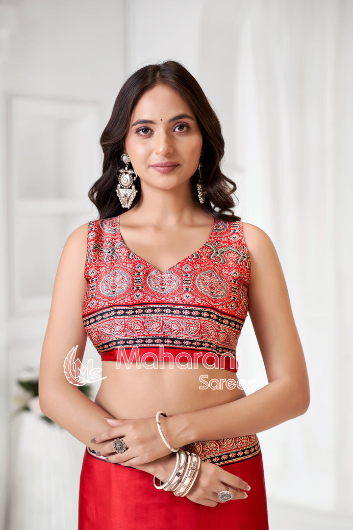 Red Ajrakh Hand-Printed Modal Silk Saree With Blouse