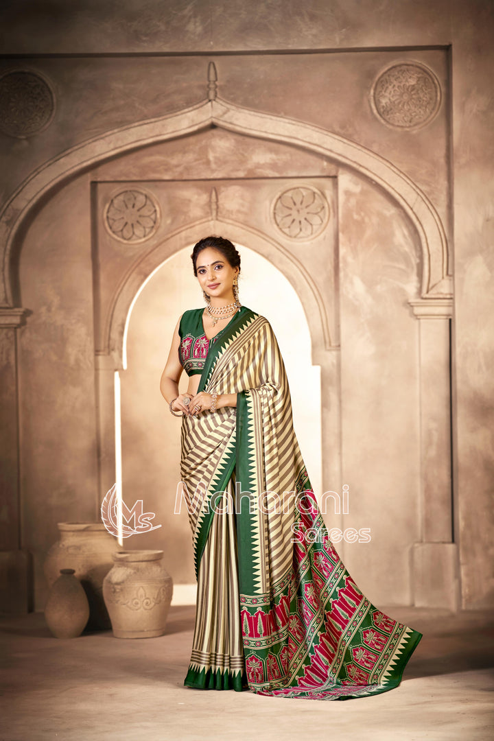 Cream With Green Border Ajrakh Hand-Printed Modal Silk Saree