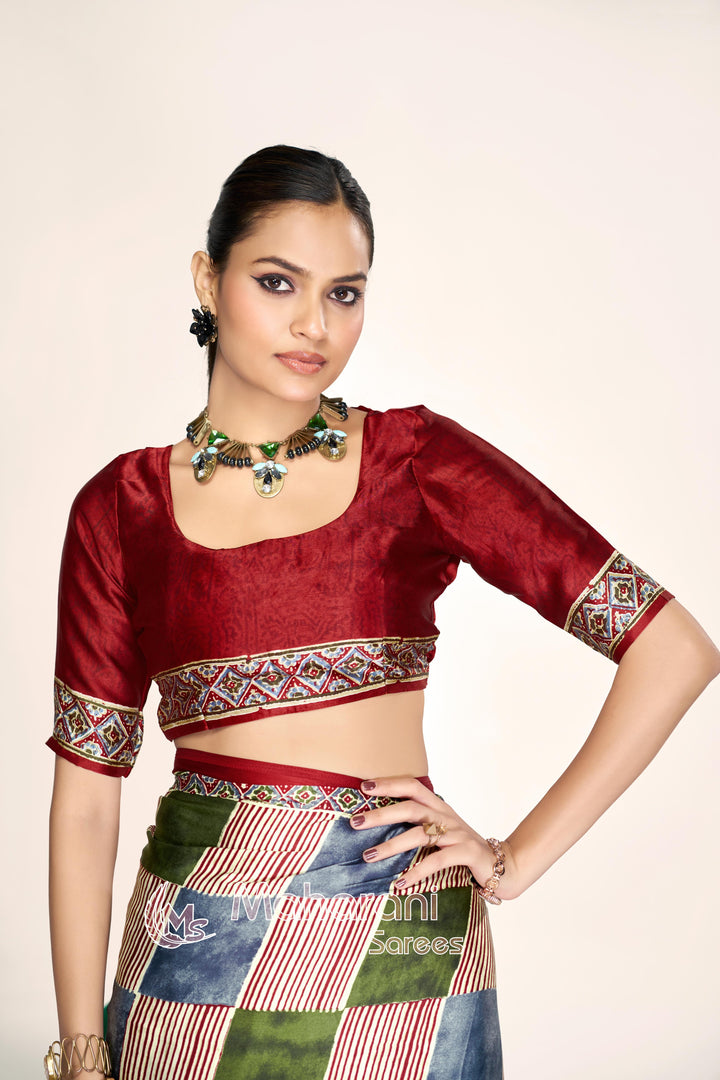 Traditional Multi Color Ajrakh Printed Modal Silk Saree P12