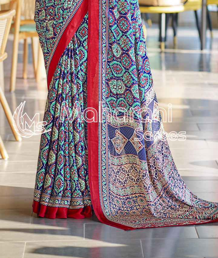 Vivid Blue Ajrakh Printed Soft Modal Silk Natural Print Saree
