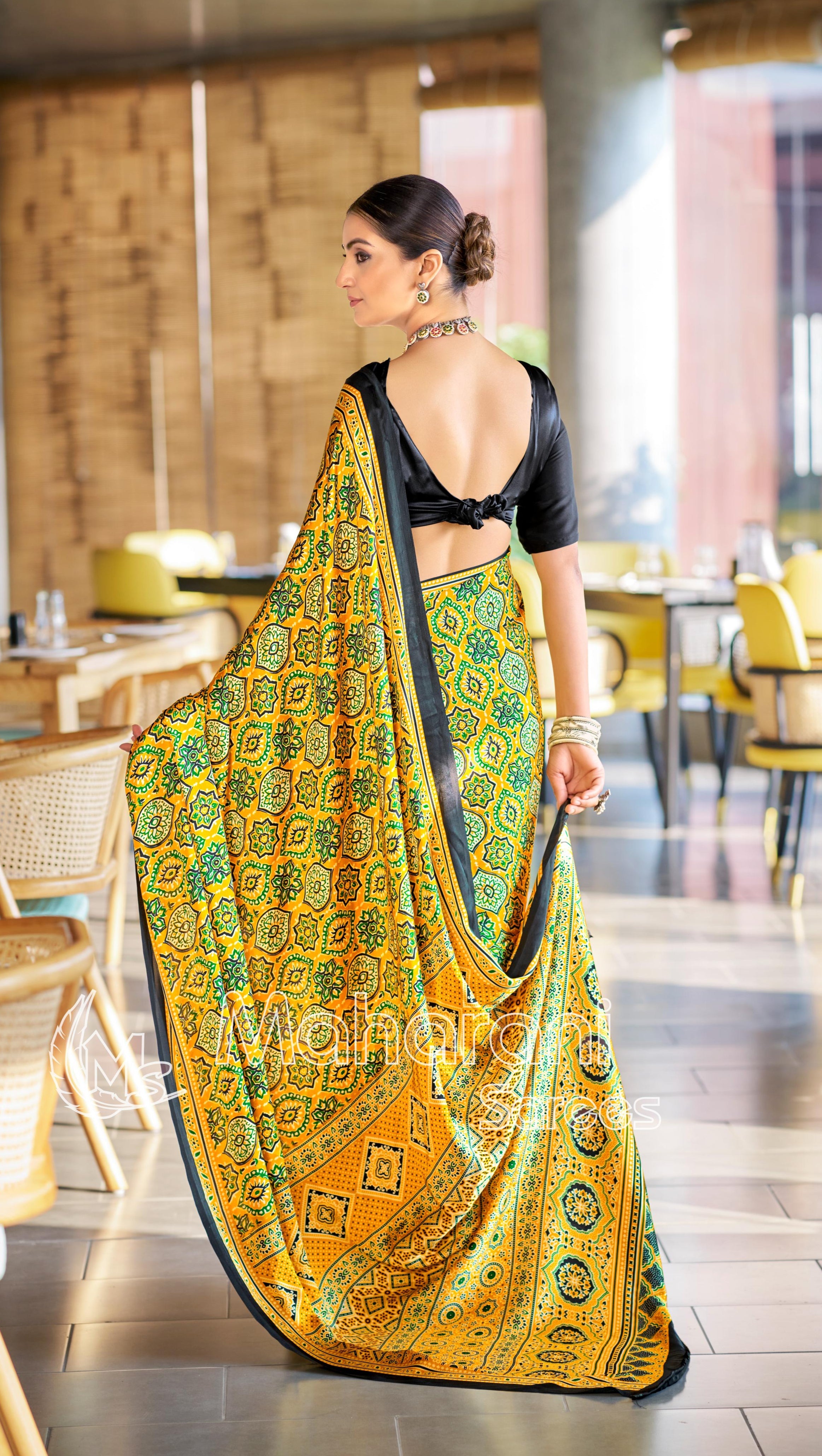 Brilliant Yellow Ajrakh Printed Soft Modal Silk Natural Print Saree P2