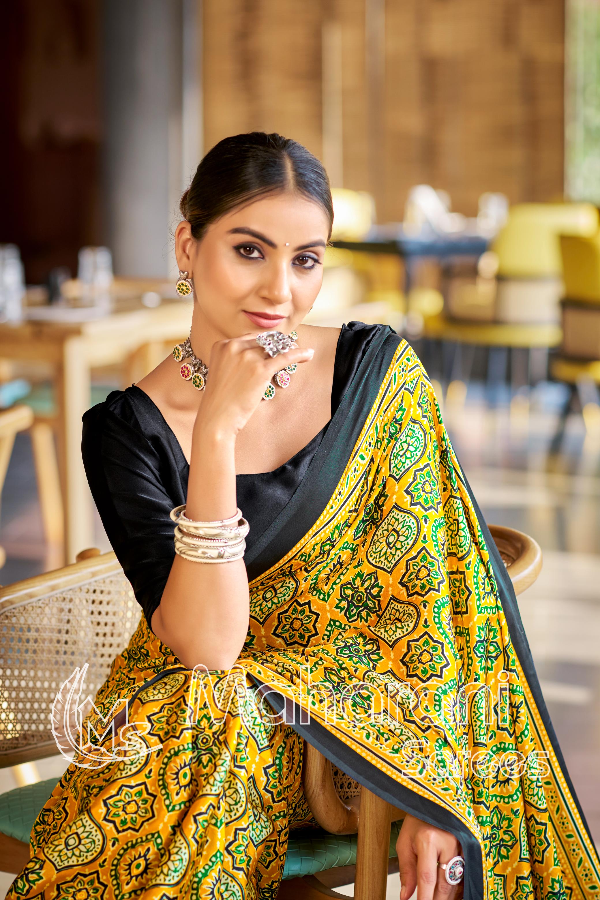 Brilliant Yellow Ajrakh Printed Soft Modal Silk Natural Print Saree P2