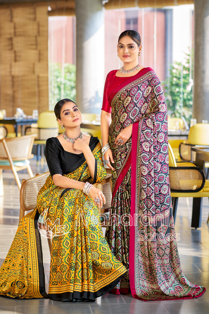 Brilliant Yellow Ajrakh Printed Soft Modal Silk Natural Print Saree P2