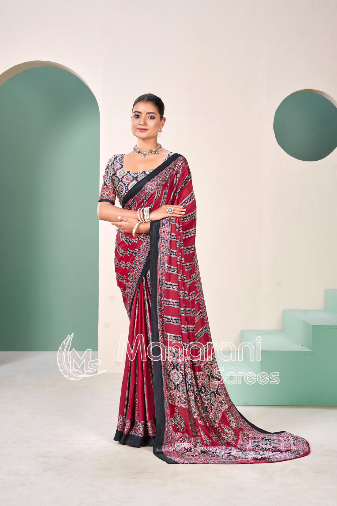 Maroon Premium Striped Ajrakh Hand-Printed Modal Silk Saree