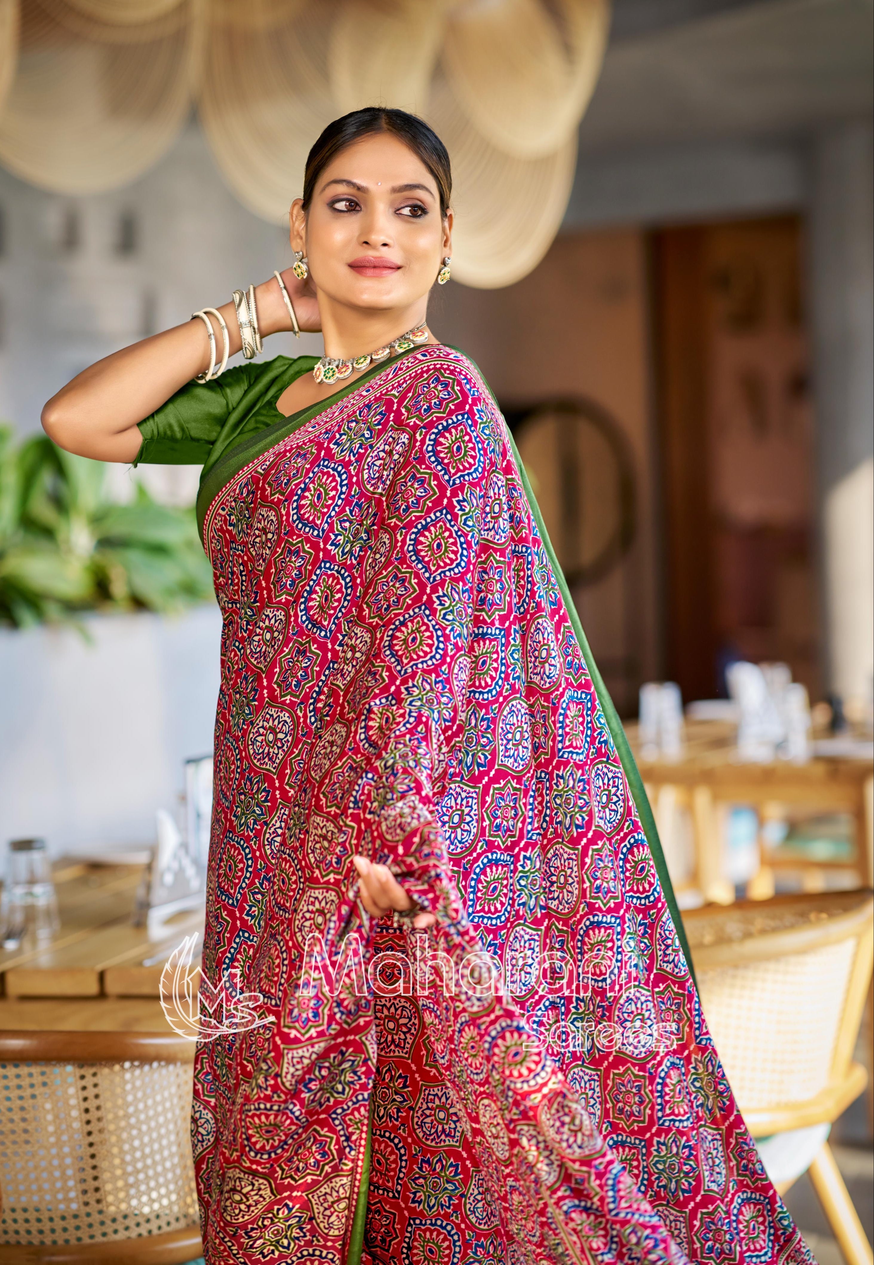 Colorful Rani Ajrakh Printed Soft Modal Silk Natural Print Saree P2