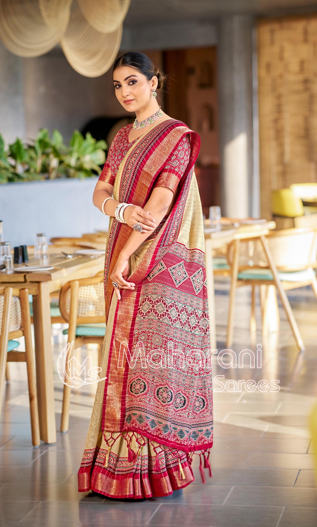 Maroon And Cream Ajrakh Pashmina Modal silk Saree