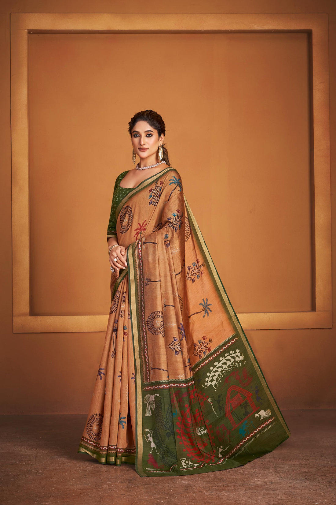 Ajrakh With Kalamkari Hand Block Print Maslin silk Saree and Maheshwari Border add Pretty Blouse KM1-2