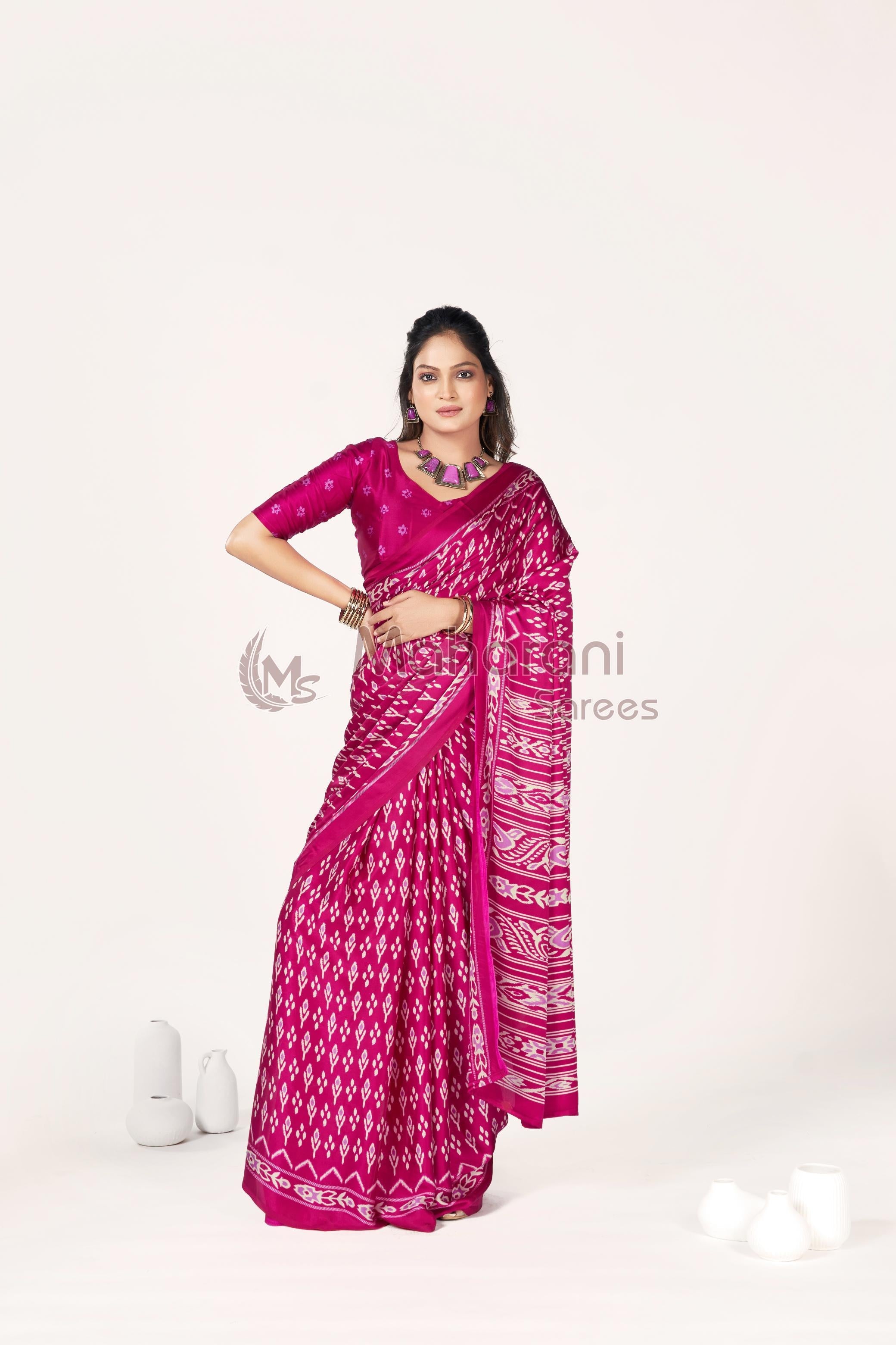 Rani Ajrakh Patola Natural Printed Soft Modal Silk Saree