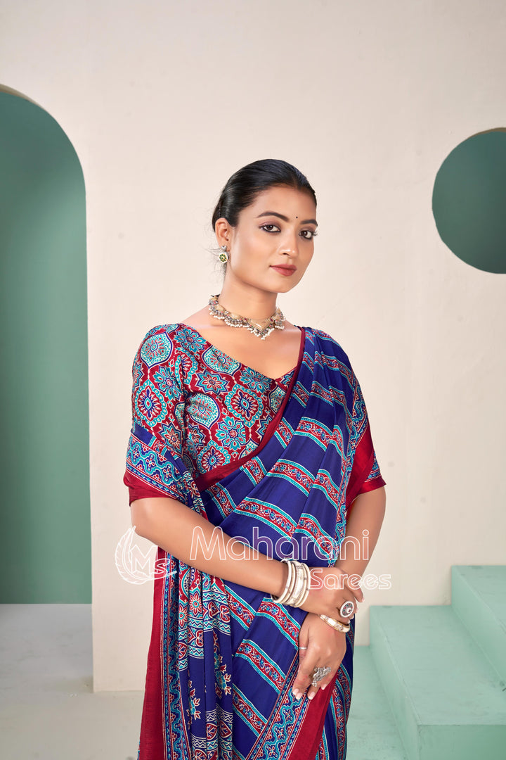 Blue Premium Striped Ajrakh Hand-Printed Modal Silk Saree