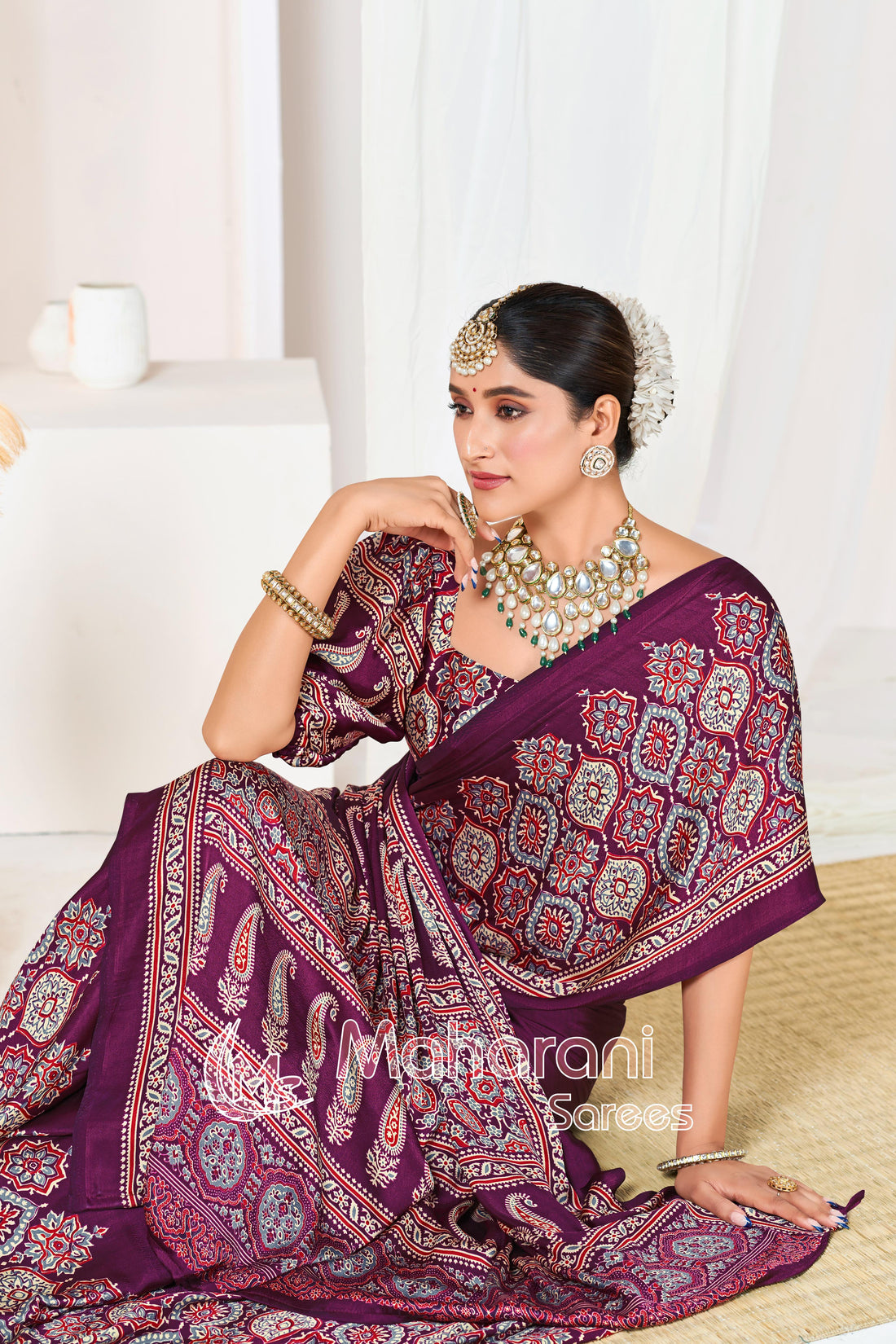Wine Ajrakh Printed Modal Silk Plain Saree With Ajrakh Blouse P6