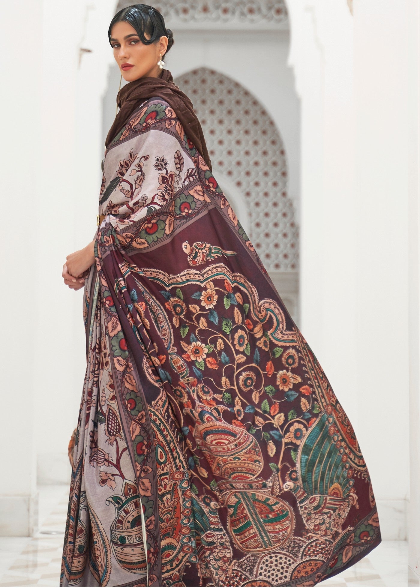 Beige Digital Printed Crepe Silk Saree