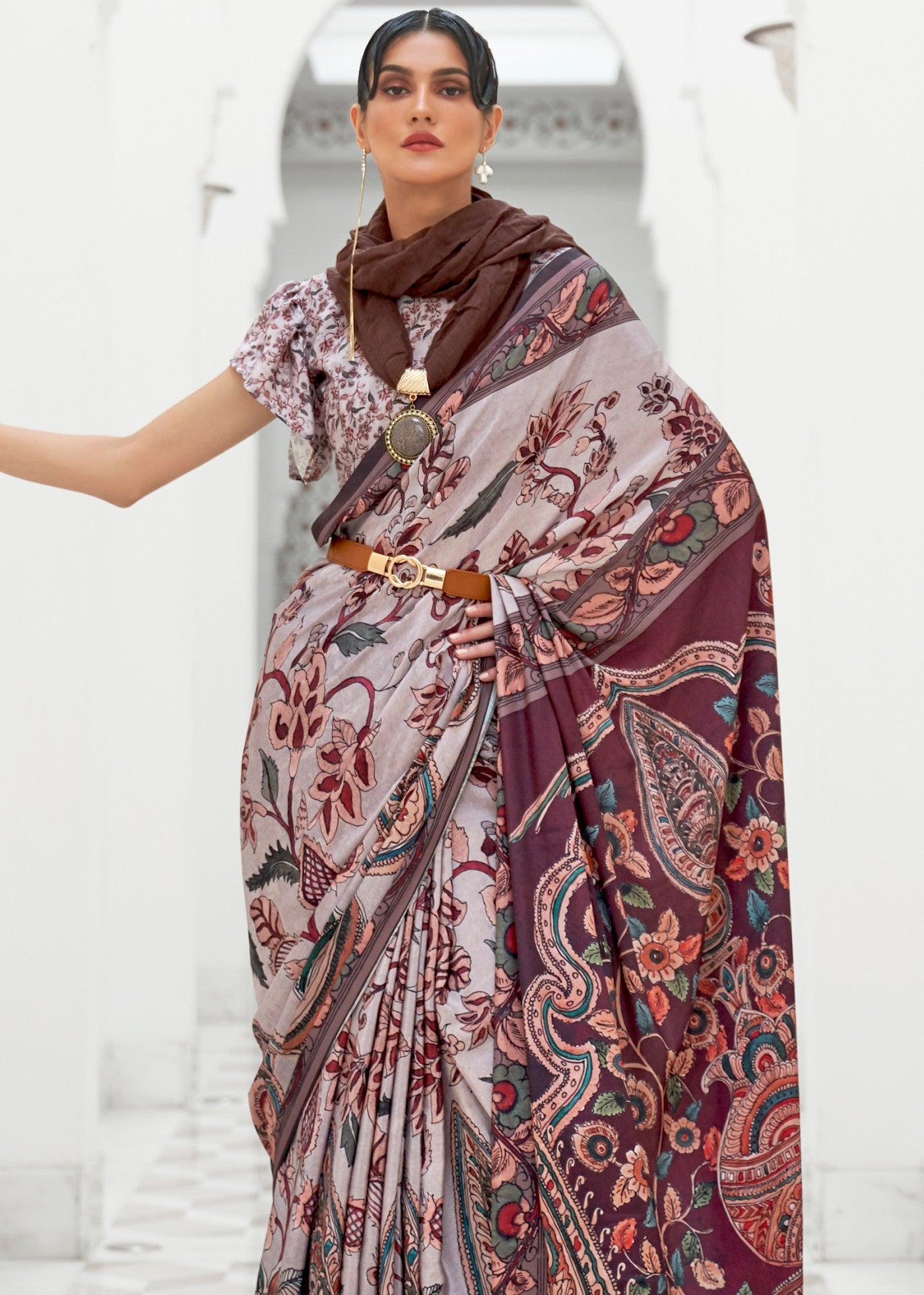 Beige Digital Printed Crepe Silk Saree