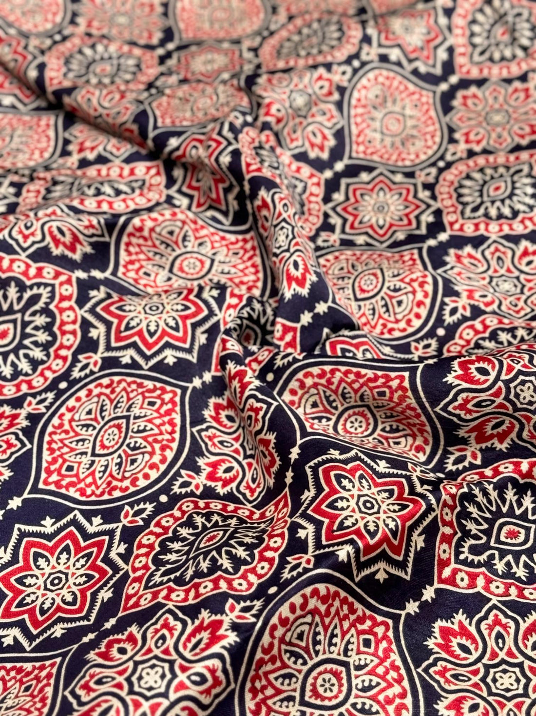 Navy Blue Ajrakh Hand Block Modal Silk Saree With Zari Pallu A2