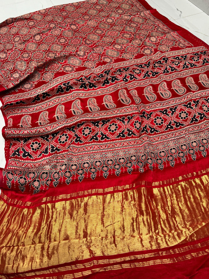 Red Ajrakh Hand Block Modal Silk Saree With Zari Pallu A2